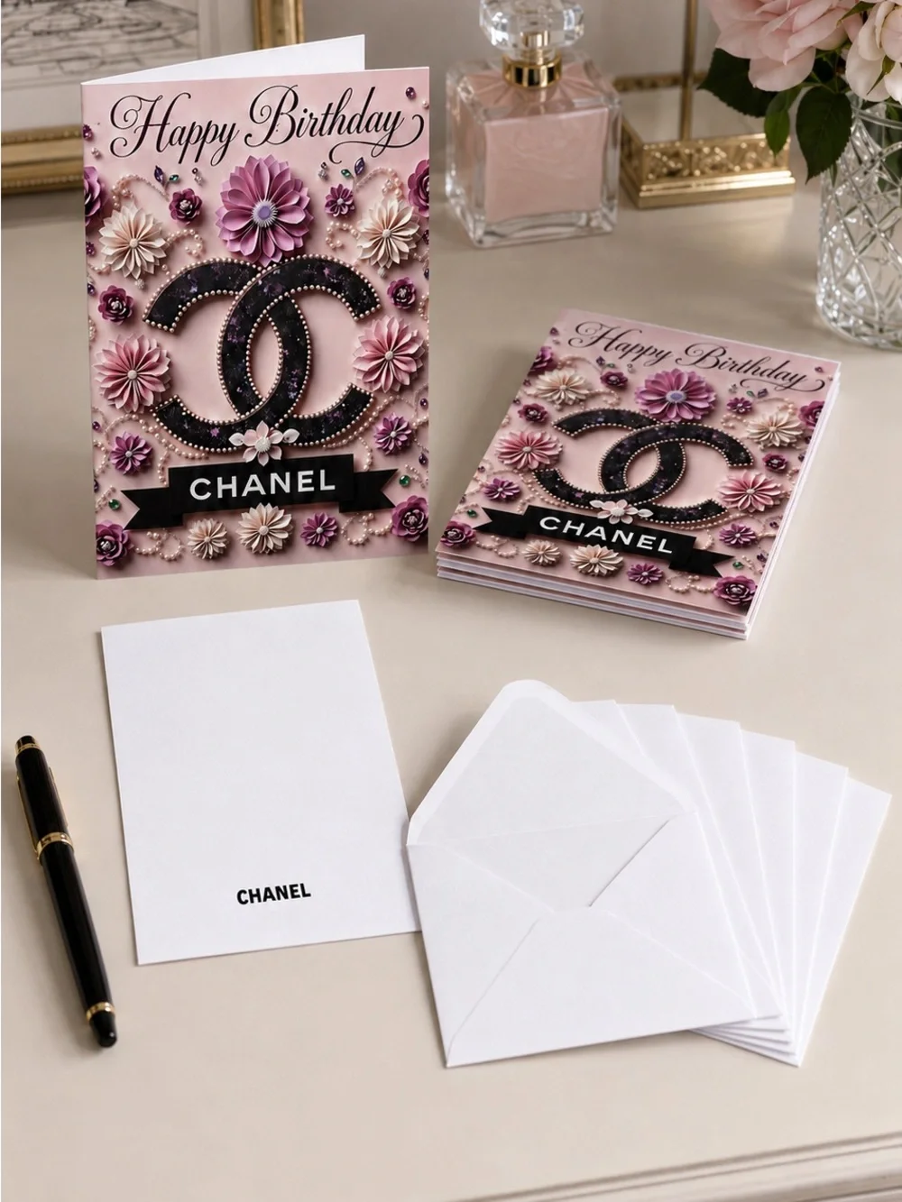 Luxury Pink Chanel Birthday Card Set of 6 with Envelopes